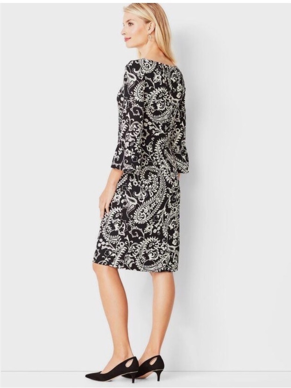 Talbots Crepe Shift Dress Womens Black White Paisley Bell Sleeve Timeless